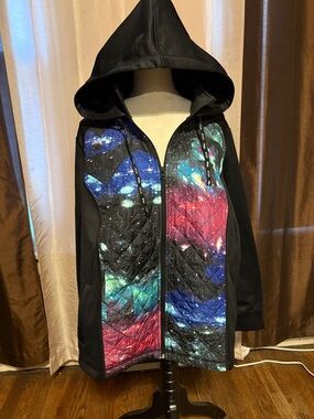 Fila Women's Black Hooded Jacket with Galaxy Print Panels